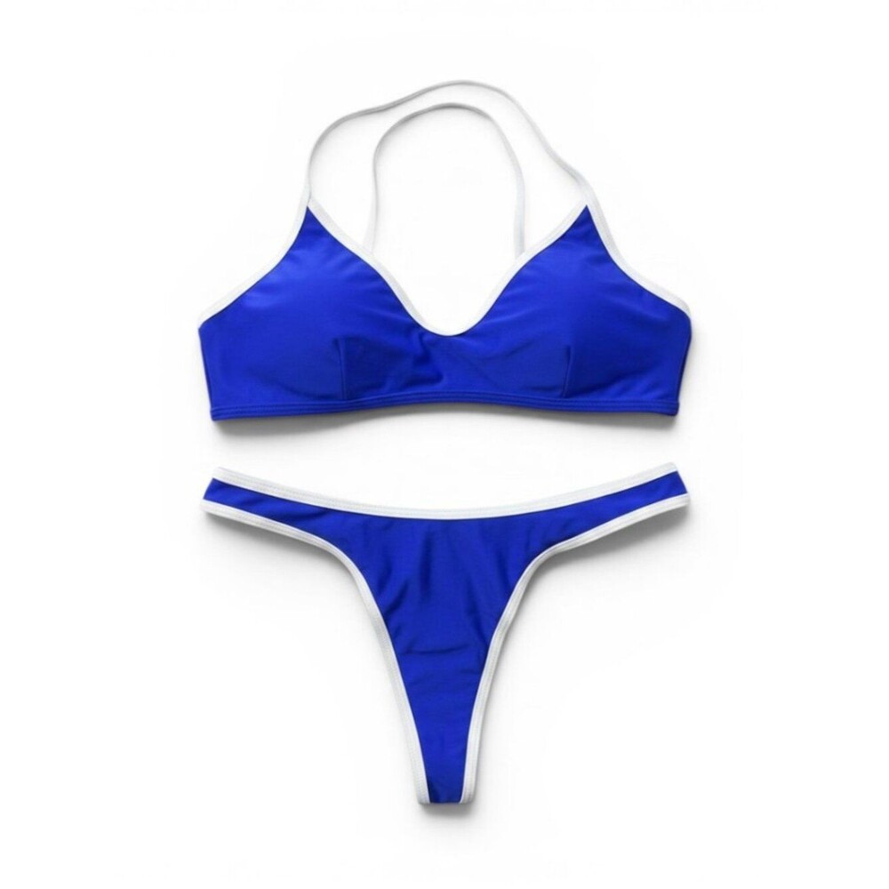 Blue Contrast-Trim Bikini Set